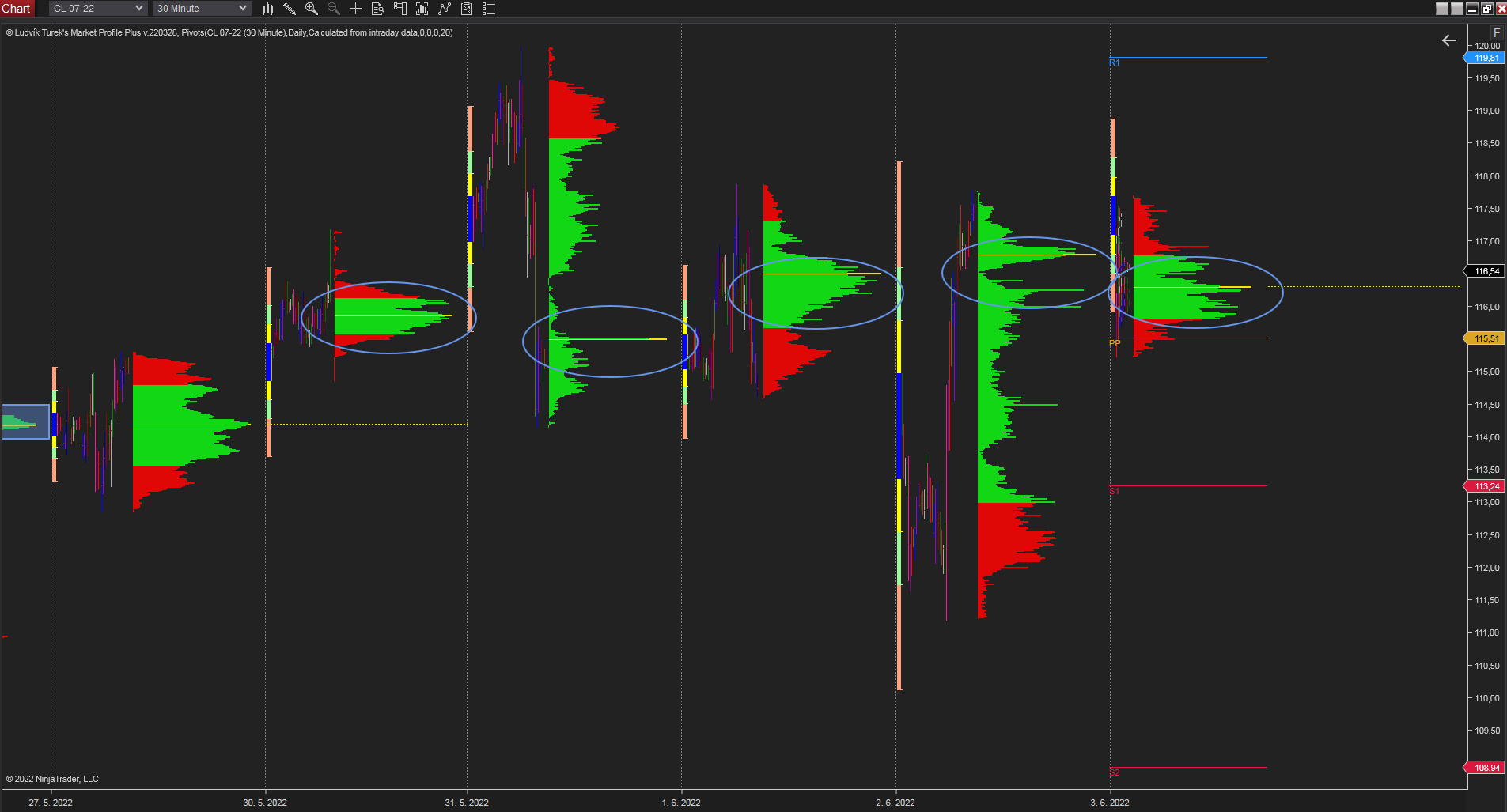 30 minutes chart of CL, Daily Market Profile. Source: Author's analysis