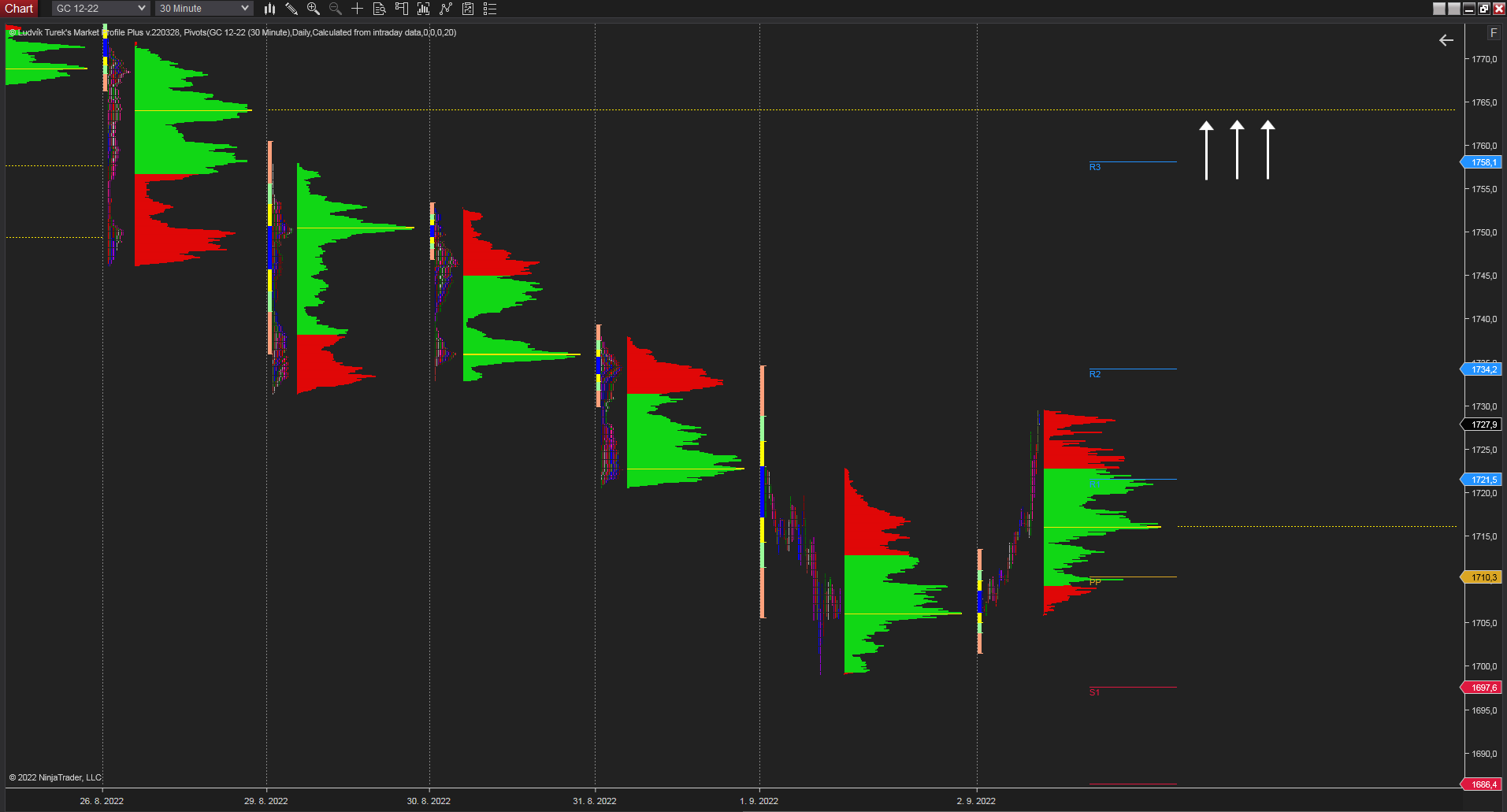 30 minutes chart of GC (Gold Futures), Daily Market Profile. Source: Author's analysis